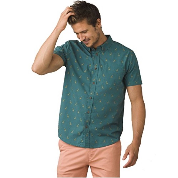 Prana‎ Broderick Giraffe Embroidery Short Sleeve Men’s Button Down Shirt Teal L - Picture 1 of 13